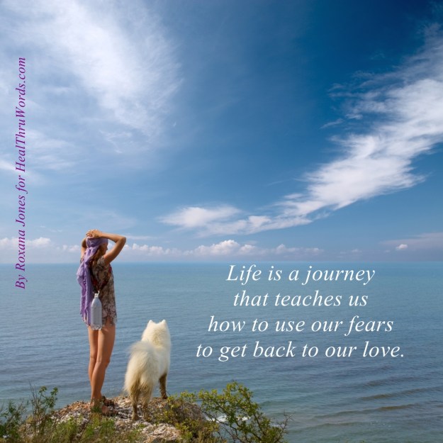 Girl and dog standing on precipice and looking to the sea